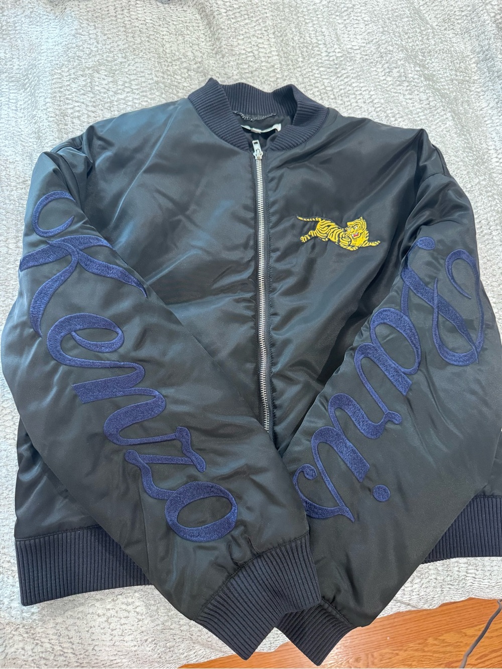 Kenzo Black Bomber Jacket with Yellow Tiger and Navy Sleeve Script
